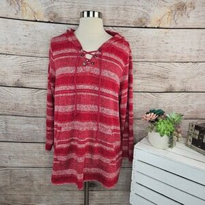 Dress Barn Sunday Woman 1X Red White Striped Hoodie Lace Up Pullover Sweater Top